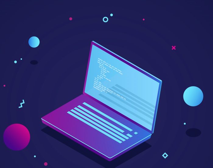 Programming of application and software development concept, laptop with program code on screen, vector illustration isometric neon dark ultraviolet